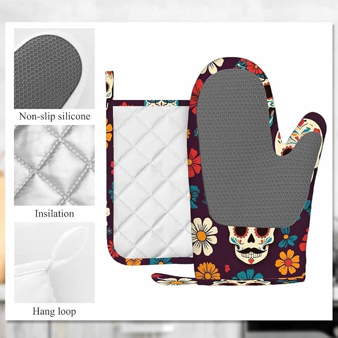 Mxocom Day of The Dead Oven Mitts and Pot Holders Sets Sugar Skulls and Flowers Seamless Pattern on Dark Background Silicone Heat Resistant Kitchen Oven Gloves Pot Holder for Cooking