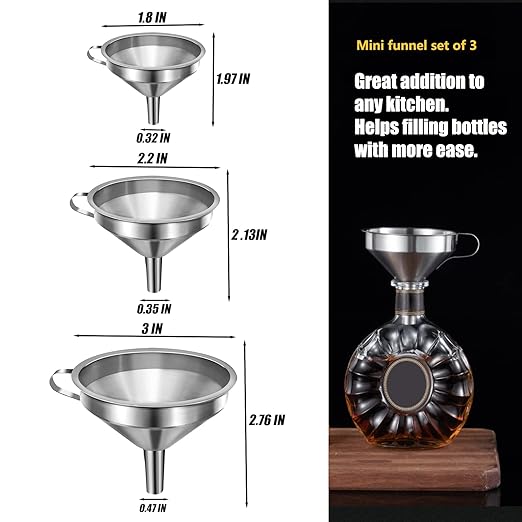 Small Funnels for Filling Bottles, Stainless Steel Small Kitchen Funnel Set of 3, Food Grade Mini Funnels for Kitchen Use Filling Bottles Liquor Flask Tiny Spice Cooking Powder Water 3in&2.2in&1.8in