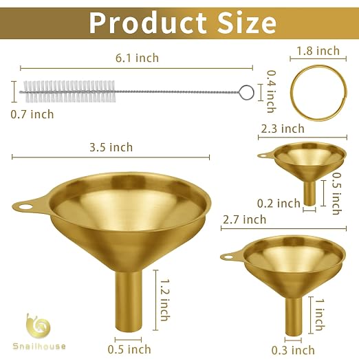 Snailhouse Small Funnels, 3 Pack Stainless Steel Mini Metal Food Funnel with Cleaning Brush Set for Filling Bottles Kitchen Use, Gold (1.78/2.16/2.95 in)