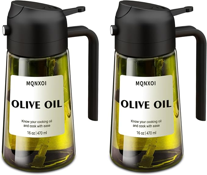 Olive Oil Sprayer for Cooking, 16oz Glass 2 in 1 Oil Dispenser Bottle | Light Blocking, BPA-Free Food Grade, Fine Mist Precise Control, Air Fryer BBQ Salad, Leakproof Anti-Clog, Pre-Printed Labels