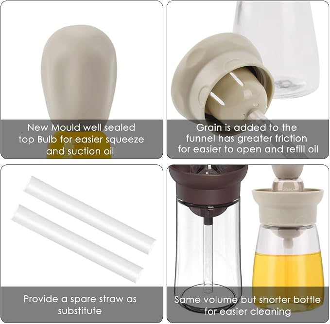 Oil Dispenser with Brush - 2 Pack 2022 Glass Olive Oil Dispenser Bottle for Kitchen with Silicone Basting Brush BBQ Grilling Baking Cooking, T-OB22, Grey+White