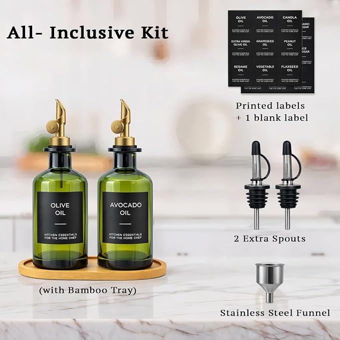 Olive Oil Dispenser Set, 2 x 11.8oz Deep Green Glass Bottles with Auto-Flip Spouts & 2 Capped Spare Spouts, Bamboo Tray, Oil & Vinegar Cruet (Green)