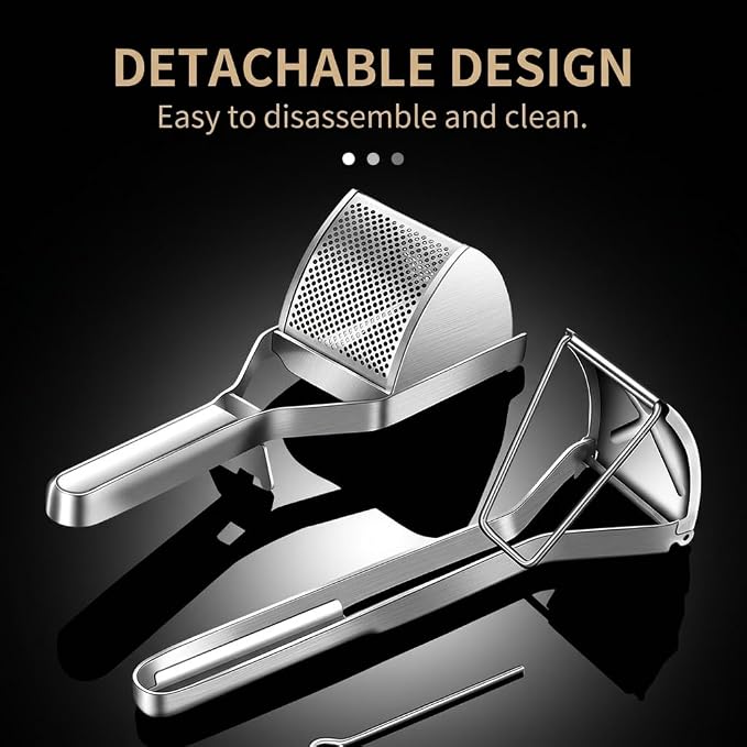 Stainless Steel Potato Ricer with Dough Scraper - Masher for Mashed Potatoes, Gnocchi & Fruit - Dishwasher Safe