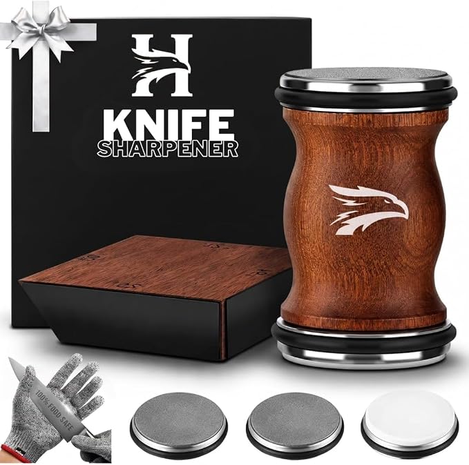High Carbon Stainless Steel Rolling Knife Sharpener with 400, 1000 & 3000 Replacement Discs - Blunt Knife Sharpening Kit with 15 and 20 Degree Sharpening for Kitchen & Chef's Knives (CHOCOLATE)