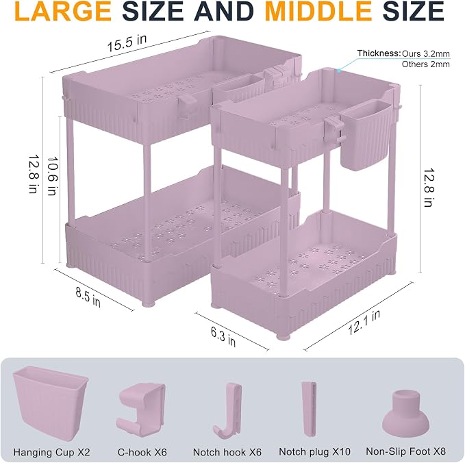 2-Pack Under Sink Organizer with Hooks & Hanging Cup for Kitchen | Multi-use kitchen & bathroom storage, 12.8 inch pink cabinet organizer, with hooks and hanging cup for easy access.
