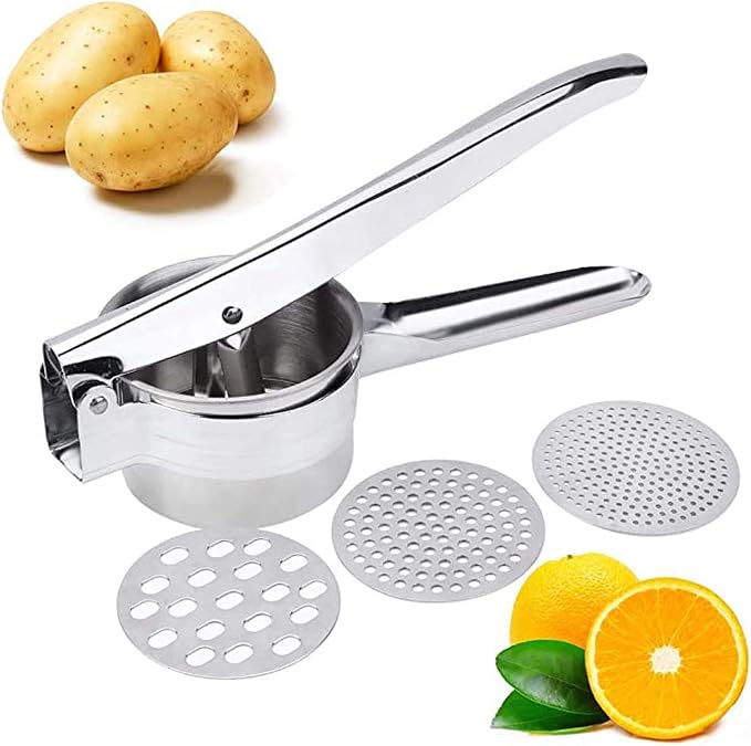 Premium Stainless Steel Potato Ricer Set with 3 Ricing Discs (Fine, Medium, Coarse) - Manual Masher, Baby Food Strainer, and Food Press with Ergonomic Comfort Grip. Dishwasher Safe