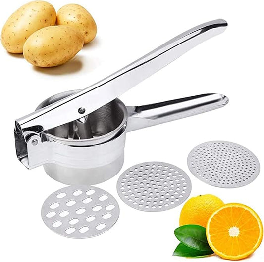 Premium Stainless Steel Potato Ricer Set with 3 Ricing Discs (Fine, Medium, Coarse) - Manual Masher, Baby Food Strainer, and Food Press with Ergonomic Comfort Grip. Dishwasher Safe