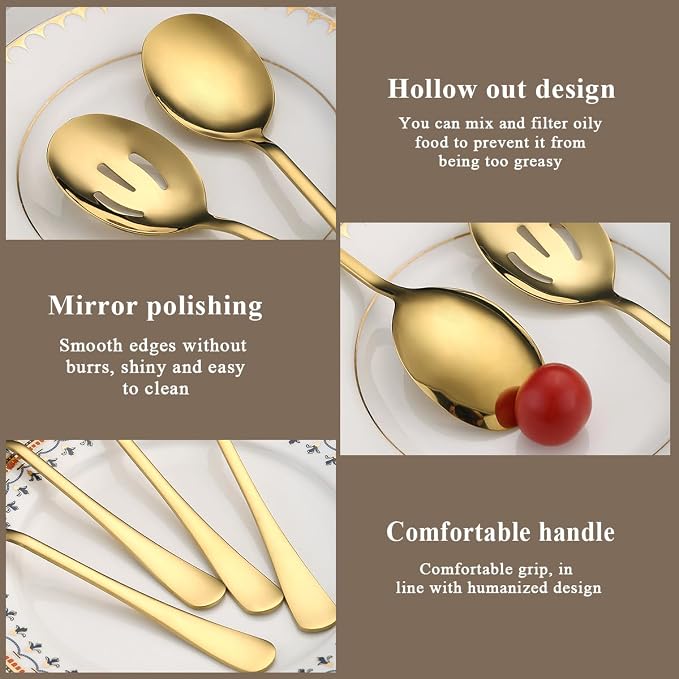 Gold Serving Spoons 8 Pieces, ReaNea Stainless Steel Serving Utensils Set inclunde 4 Serving Spoon 4 Serving Slotted Spoons, Dishwasher Safe
