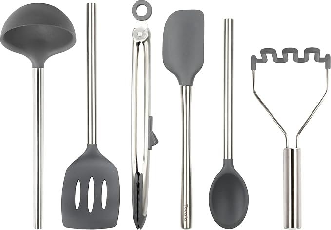 Tovolo Silicone Cooking Utensil Set of 6 Stainless Steel Handle Ladle Slotted Turner Tongs Flex Core Spatula Scraper Mixing Spoon & Potato Masher, Dishwasher Safe BPA Free Utensils, Charcoal Gray