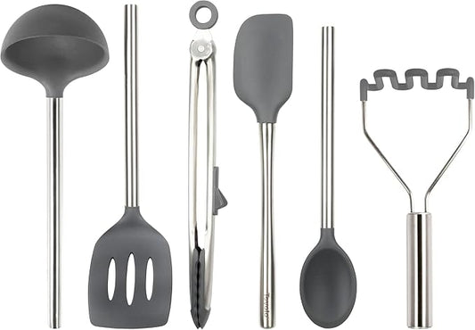Tovolo Silicone Cooking Utensil Set of 6 Stainless Steel Handle Ladle Slotted Turner Tongs Flex Core Spatula Scraper Mixing Spoon & Potato Masher, Dishwasher Safe BPA Free Utensils, Charcoal Gray