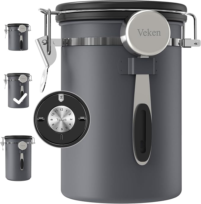 Veken Coffee Canister, Airtight Stainless Steel Food Storage Container,22OZ | Date Tracker, Kitchen Jars for Beans,Ground, Espresso, Rice,Tea, Sugar,Cereal,Cookie, Bar Accessories,Gifts, Lids, Scoop,Gray