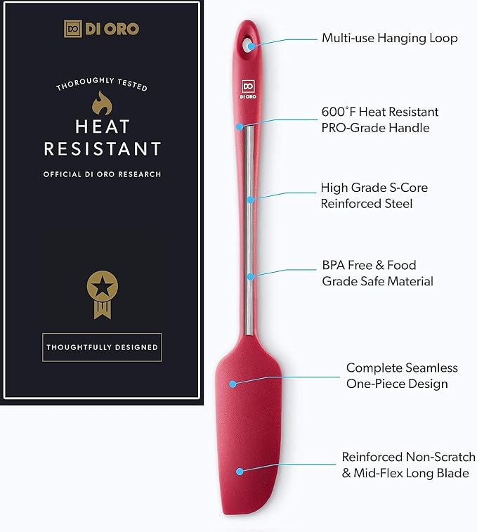 DI ORO Jar Spatula Silicone - Jar Scraper Long Handle for Cooking & Baking - Heat-Resistant Silicone Kitchen Spatula for Cake & Blenders - Nonstick Cookware Safe Utensil - Dishwasher Safe (Red)