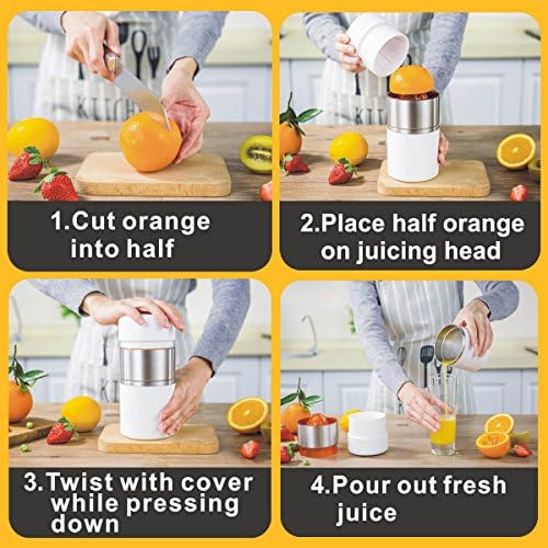 Manual Citrus Press Juicer, Portable Citrus Squeezer Hand Juicer with Strainer and Stainless Steel Container, White Color