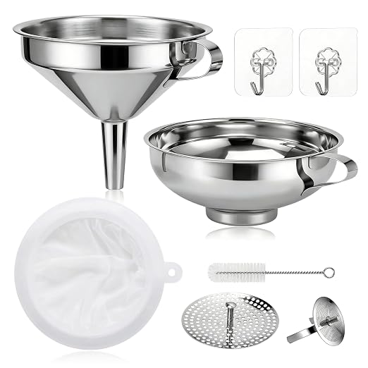 Stainless Steel 2 Pack Funnel Set Long Spout Funnel for Narrow Neck Bottles (Oil, Sauce) Wide Mouth Funnel for Mason Jars, Canning with 200μm Fine Mesh Strainer & Removable Filters (Large Set)