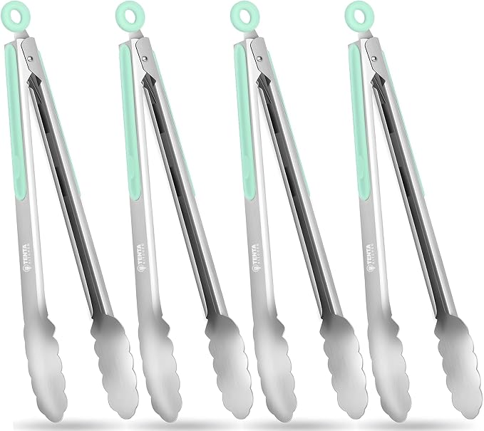 Tongs for Cooking, 12-Inch Stainless Steel Kitchen Tongs, Locking Metal Food Tongs with Silicone Non-Slip Grip, Kitchen Utensils for Food, Salad and Outdoor BBQ, Set of 4 (Mint Green)