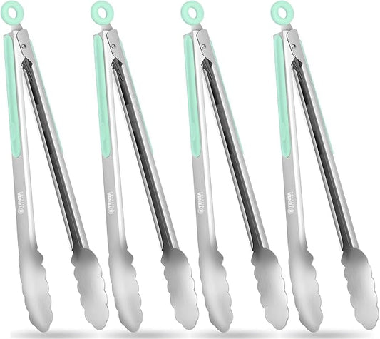 Tongs for Cooking, 12-Inch Stainless Steel Kitchen Tongs, Locking Metal Food Tongs with Silicone Non-Slip Grip, Kitchen Utensils for Food, Salad and Outdoor BBQ, Set of 4 (Mint Green)