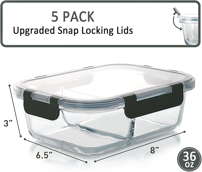 M MCIRCO 5 Pack,36 oz, 2 Compartments Glass Meal Prep Containers with Lids | Divided Glass Food Storage Containers, Portion Control Lunch Containers, Microwave, Oven, Freezer, Dishwasher, 4.5 Cups, Gray