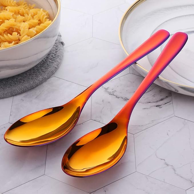 Buffet Serving Spoons, Stainless Steel 10 Inch Orange Red Server Set of 2, Large Salad Serverware Utensils, Dishwasher Safe