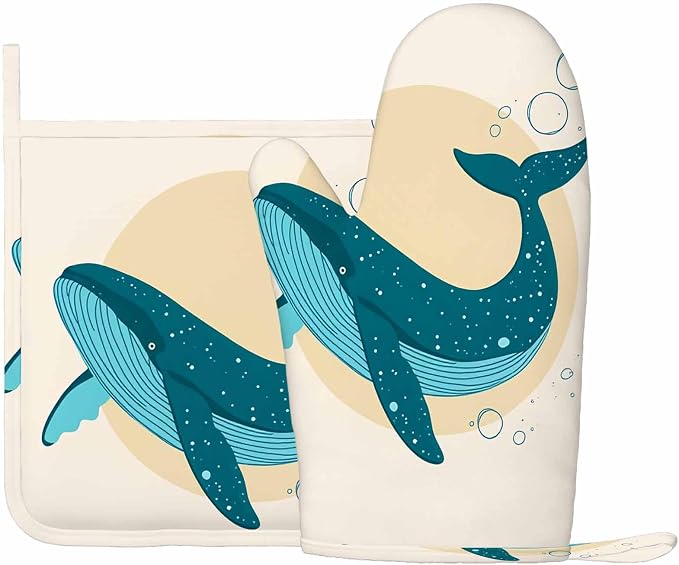 Mxocom Watercolor Whale Heat-Resistant Oven Mitts and Pot Holder Sea Theme Marine Life Coastal Modern Design Cool Ring Circle Kitchen Non-Slip Cooking Microwave Gloves for Cooking Baking Grilling