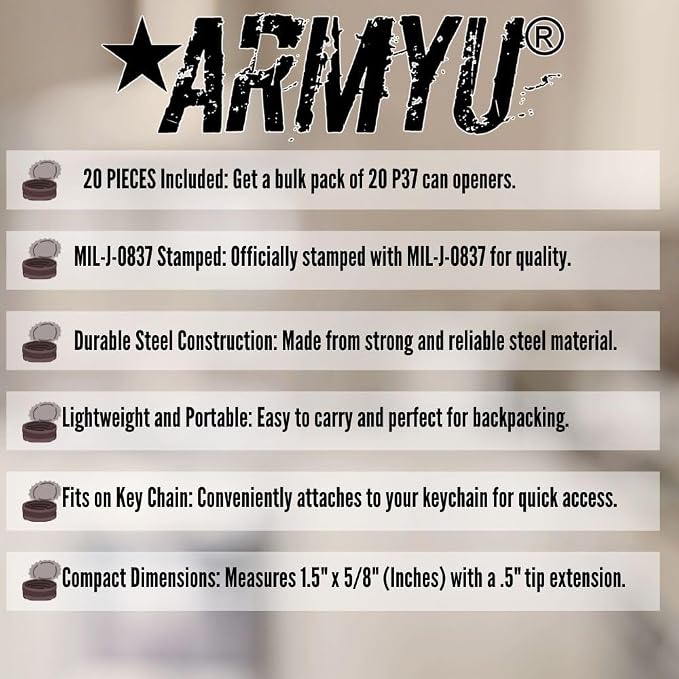 ARMYU Government Issue Style P-38 Steel Can Opener John Wayne P38 Can Openers with MIL-J-0837 Engraving, Silver (20 Pack)