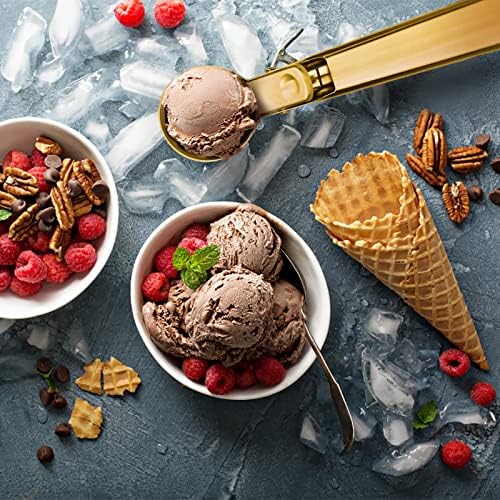 Premium Ice Cream Scoop with Trigger Ice Cream Scooper Stainless Steel, Heavy Duty Metal Icecream Scoop Spoon Dishwasher Safe, Perfect for Frozen Yogurt, Gelatos, Sundaes, Medium Gold