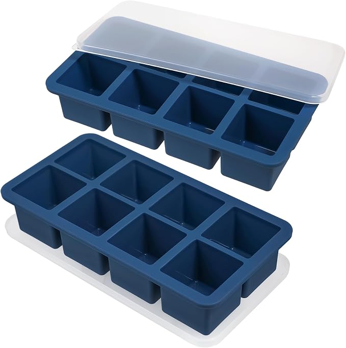 Webake 1/2 Cup Silicone Freezer Tray with Lids, 8-Grid Square Ice Cube Mold, Ideal for Prep & Portion, Large Ice Cube, Storage Soup, Snack, Broth, Leftovers, Pack of 2