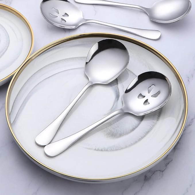 Meisha Serving Spoons Set, 3 Serving Spoons and 3 Slotted Serving Spoons, Silver Stainless Steel Serving Utensils for Buffet Can Banquet Cooking Kitchen - Mirror Polished