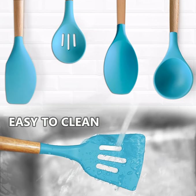Silicone Kitchen Cooking Utensils Set, 5-Piece Non-Stick Silicone Kitchen Utensils Spatula Serving Spoons Turner Ladle Set w Wooden Handle Heat Resistant Cooking Gadgets for Nonstick Cookware