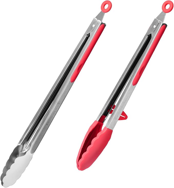 Kitchen Mama DuoEssentials Cooking Tongs Set, Red | Silicone Tip, Stainless Steel, Locking Ring, Heat Resistant, Non Stick Cookware Safe