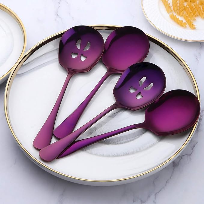 Meisha Serving Spoons Set, 3 Serving Spoons and 3 Slotted Serving Spoons, Purple Stainless Steel Serving Utensils for Buffet Can Banquet Cooking Kitchen - Mirror Polished