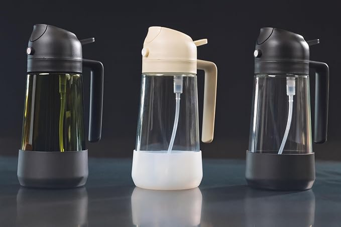 MBO 2-in-1 Olive Oil Spray Bottle for Cooking – 16oz / 470ml Glass Dispenser with Silicone-Encased Base, Mist & Pour Spout – Refillable Kitchen Gadget for Air Fryer, Salad, BBQ (Black/Green/Black)
