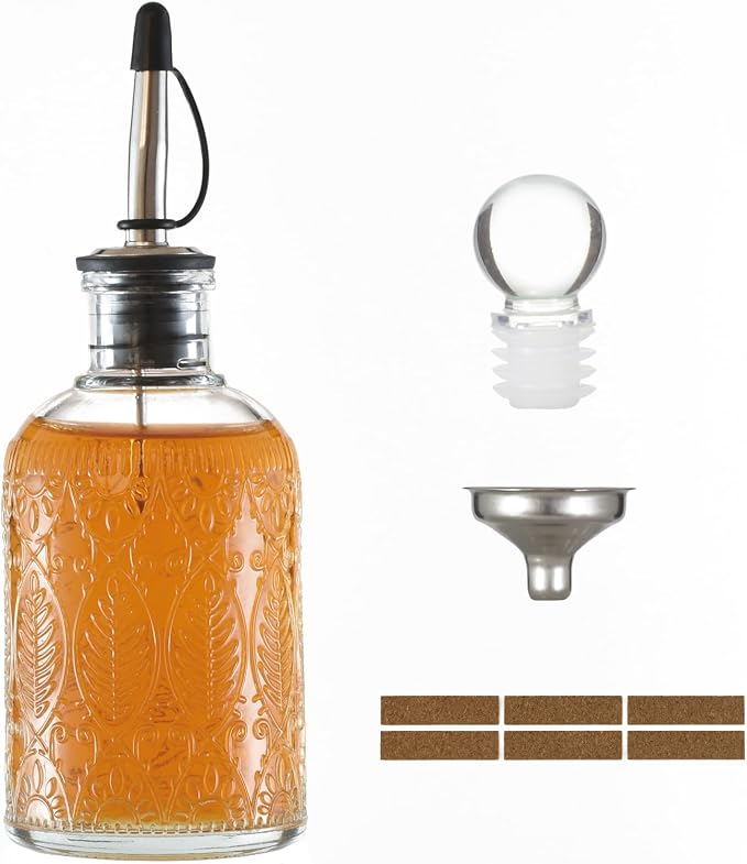 Retro Glass Syrup Dispenser Bottle 7oz, Oil and Vinegar Cruet with Stainless Steel Pour Spout, Labels, Funnel & Stopper(Leaf)