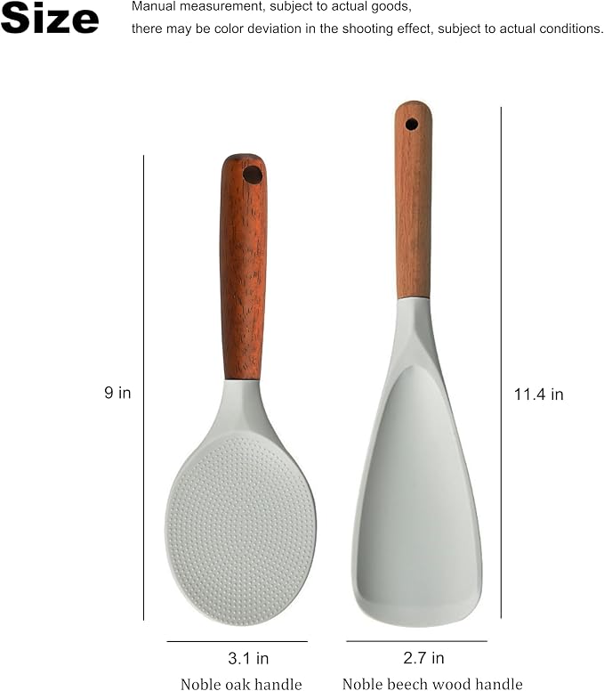 Spatula Spoon and Rice Spoons with Wooden Handle, Food Grade Silicone Great for Cooking, Mixing, Scooper, Scrape, Non stick Heat Resistant (white - Rice set 2 pcs)