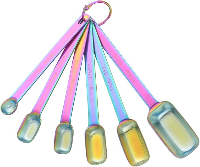 DOCBLACK 6PCS Measuring Spoons Set, Premium Heavy Duty Stainless Steel Metal Kitchen Measuring Tools Set, for Cooking Baking, for Dry or Liquid, Fits in Spice Jar - Rainbow