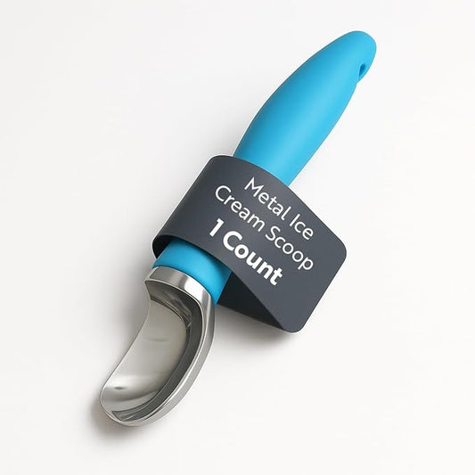 Restaurantware Comfy Grip 7.9 x 2 Inch Kitchen Ice Cream Scoop 1 Heavy-Duty Ice Cream Disher - Ergonomic PP Handle Dishwashable Blue Metal Ice Cream Spade With Lid Opener Notch Multi-Use