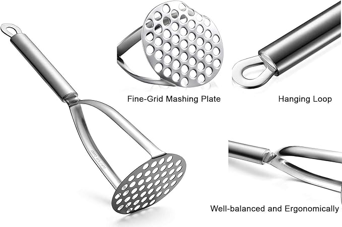 Potato Masher, Heavy Duty Potato Smasher with Durable Sturdy Grips, Potato Masher Stainless Steel for Efficiently Making Mashed Potatoes,Egg Salad, Banana Bread, Vegetables and Fruits