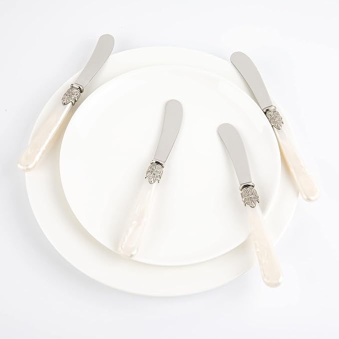 REVERIE Collection 4-piece Stainless Steel Butter Spreader Cheese Knife, Giftable Butter Knives set, Bread Knife set (White Handle)