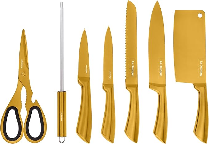 Luxury 7-Piece Gold Kitchen Knife Set with Rod Sharpener – Titanium-Coated Stainless Steel Knives Set for Kitchen, Super Sharp Cutlery Tools, Premium Cookware Gift for Home Chefs