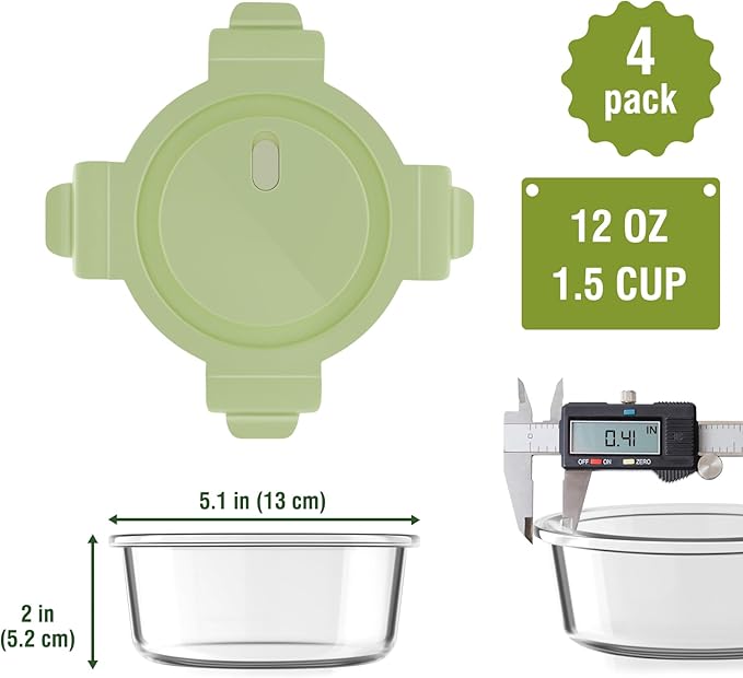 1.5Cup/12oz Small Glass Containers with Lids, Airtight Food Storage, 4 Pack | Leakproof丨Food Grade丨BPA-Free丨Borosilicate Glass丨Meal Prep Lunch Soup Leftovers丨Microwave Oven Dishwasher&Freezer Safe丨Round