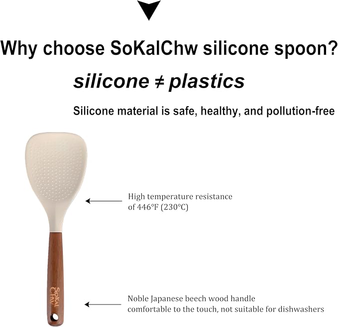 Spatula Spoon and Rice Spoons with Wooden Handle, Food Grade Silicone Great for Cooking, Mixing, Scooper, Scrape, Non stick Heat Resistant (white, Rice set 1 pcs)