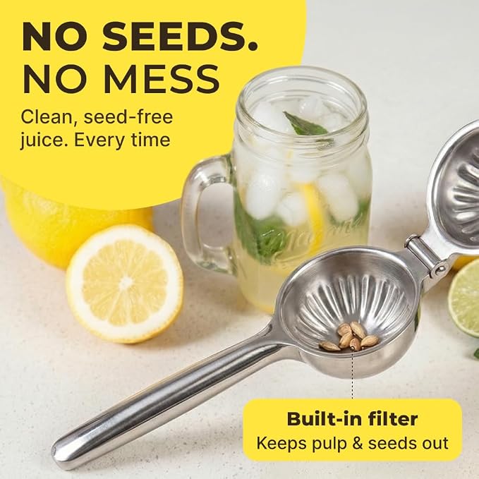 Stainless Steel Lemon Squeezer Press - No Seeds, Pro-Grade, Effortlessly Get Every Drop - Manual Non-Slip Grip Design - Lemon Lime Squeezer, Orange, and Citrus Fruit Hand Held Lemon Juicer Squeezer