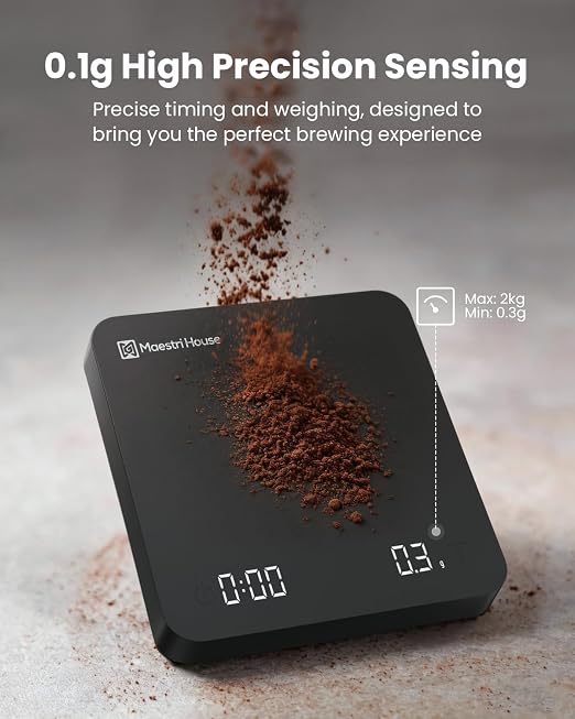 Maestri House S1 Air Ultra-Slim Espresso Coffee Scale with Timer, 0.1g Precision Shot Scale with Auto Tare & 3 Smart Brew Modes, Rechargeable Digital Scale for Espresso & Pour Over