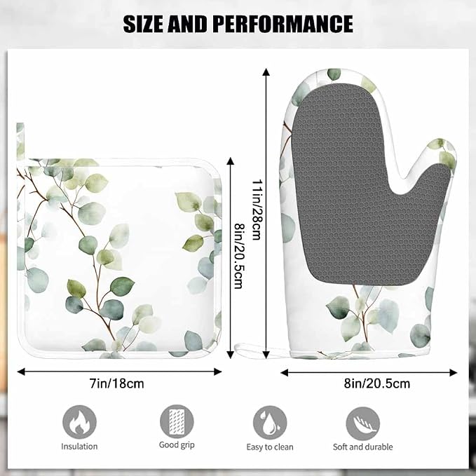 Mxocom Green Leaves Silicone Oven Mitts and Pot Holders Sets Eucalyptus Round Leaf Foliage Branches Twig Natural Plant Repeat BBQ Gloves for Kitchen,Cooking,Baking,Grilling