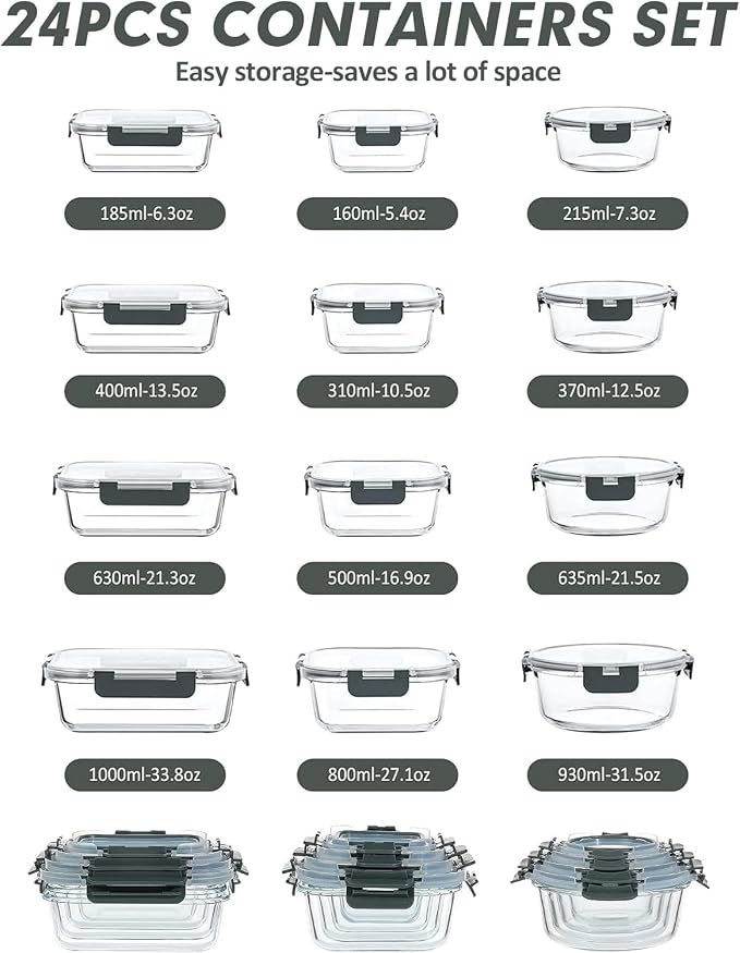 VERONES 12 Packs Glass Food Storage Containers Set with Lids, Grey | Airtight Glass Lunch Containers, Glass Meal Prep Containers with Lids, for Microwave, Oven, Freezer & Dishwasher Friendly