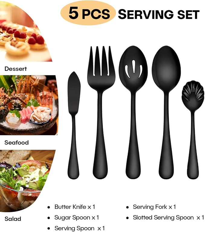 EUIRIO 5 PCS Serving Utensils Set, Large Stainless Steel Spoons Forks, Sugar Spoon and Butter Knife, Great for Hostess Buffet Catering Banquet Party, Mirror Polished, Dishwasher Safe, Black