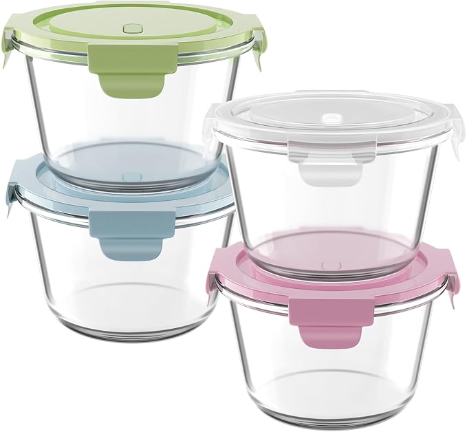 2Cup/16oz Glass Food Storage Containers with Lids, Meal Prep Containers | 4 PACK丨Airtight丨Air Vent Lid丨Borosilicate Glass丨Heat-Resistant丨Food Grade丨BPA-Free丨Microwave Dishwasher&Freezer Safe丨Round