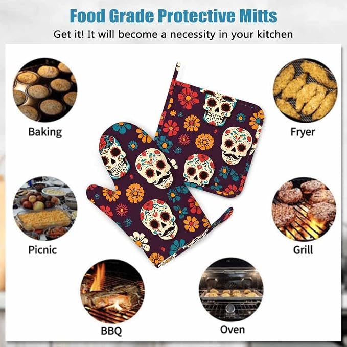 Mxocom Day of The Dead Oven Mitts and Pot Holders Sets Sugar Skulls and Flowers Seamless Pattern on Dark Background Silicone Heat Resistant Kitchen Oven Gloves Pot Holder for Cooking