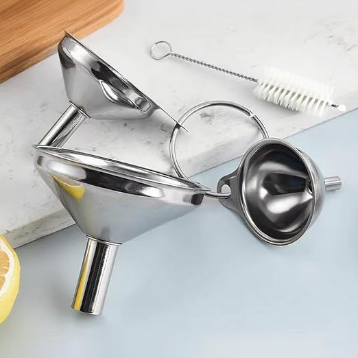 Silver Stainless Steel Funnels for Kitchen Use, Large Tiny Small Funnel Set of 3 with 2Pcs Cleaning Brush Set for Filling Bottles Oil Liquor Water Spice (Silver)