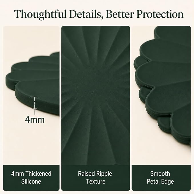 Heat-Resistant Silicone Trivet Mats, Non-Slip Hot Plate Holder for Kitchen Countertops & Dining Table, Reusable Pot Holder Pad with Secure Grip, Dishwasher Safe (Green, Diameter: 30cm/11.81")