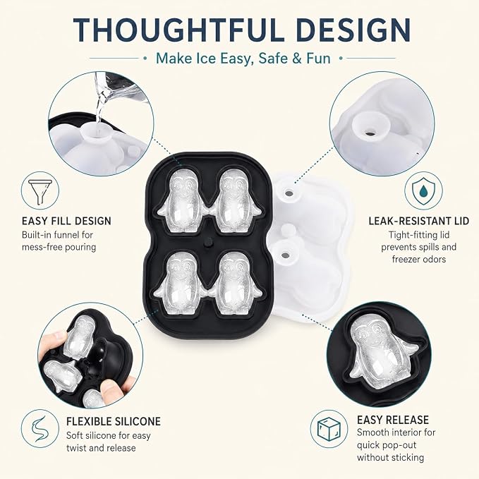 Penguin Ice Cube Tray Mold - Cute Fun Whiskey Ice Molds Gifts for Women Men | 3D Penguin Shape Cute Ice Molds for Whiskey Bourbon, 4-Hole Large Fun Shapes Funny Gifts, for Animals Lovers Women Men